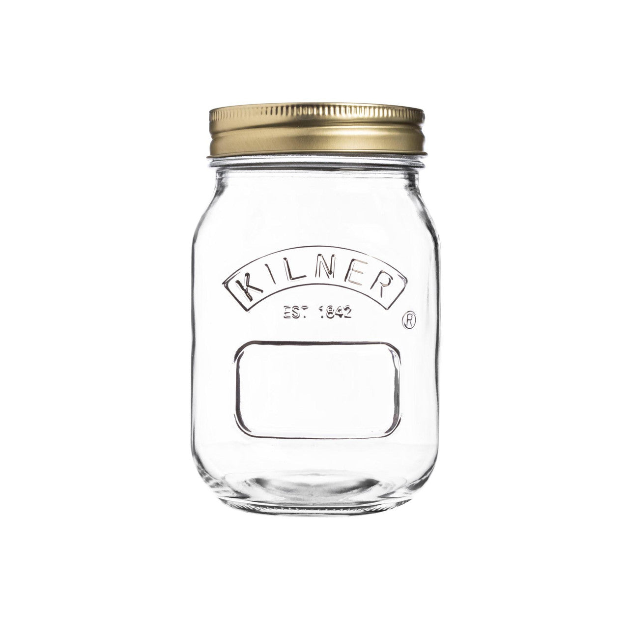Clear Kilner jar with a gold lid on a white background