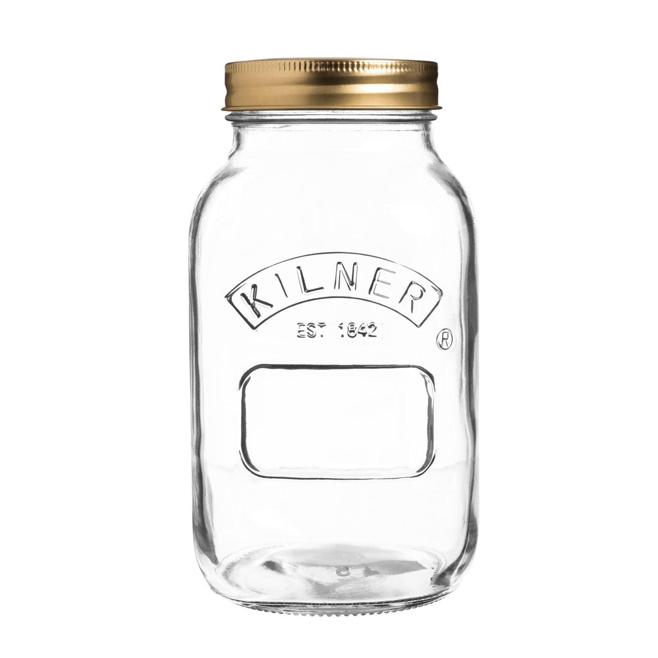 Clear glass jar with a gold lid on a white background, featuring the Kilner logo.