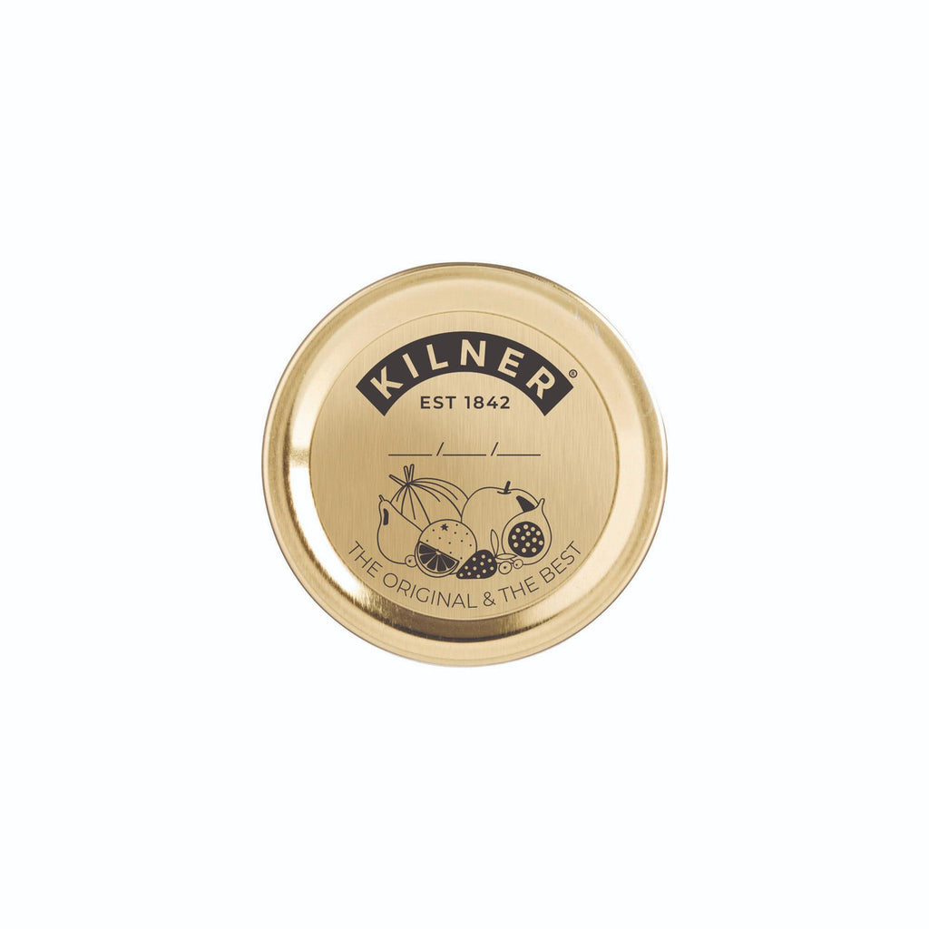 Gold lid with Kilner logo on a white background