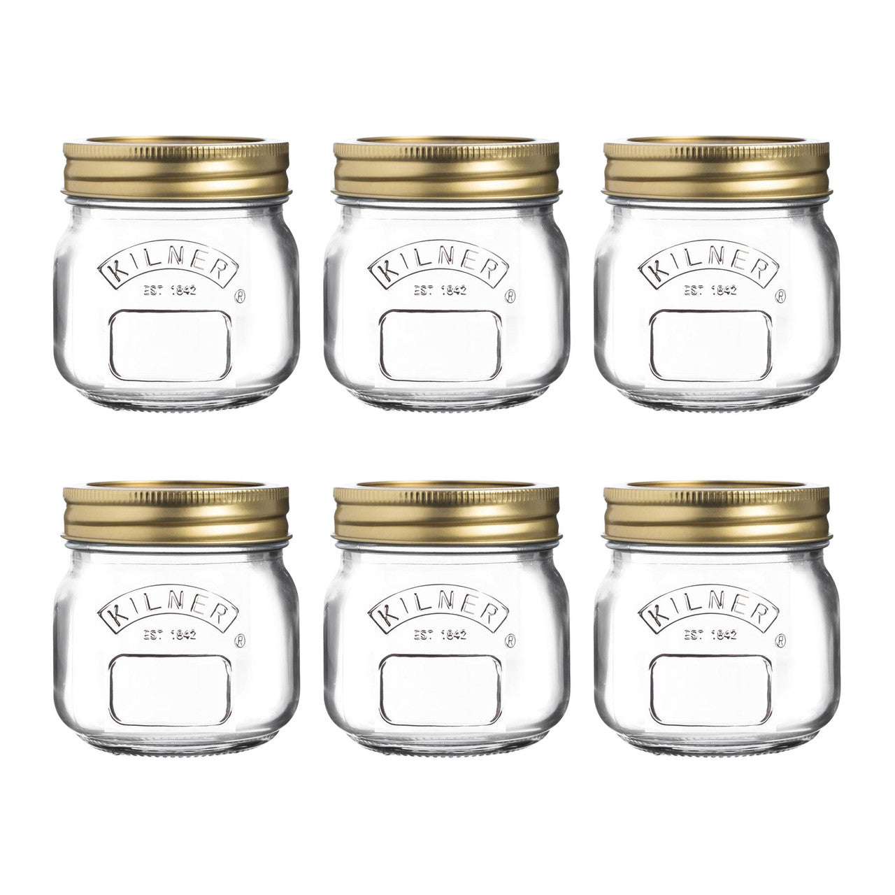 Set of six Kilner jars with gold lids on a white background