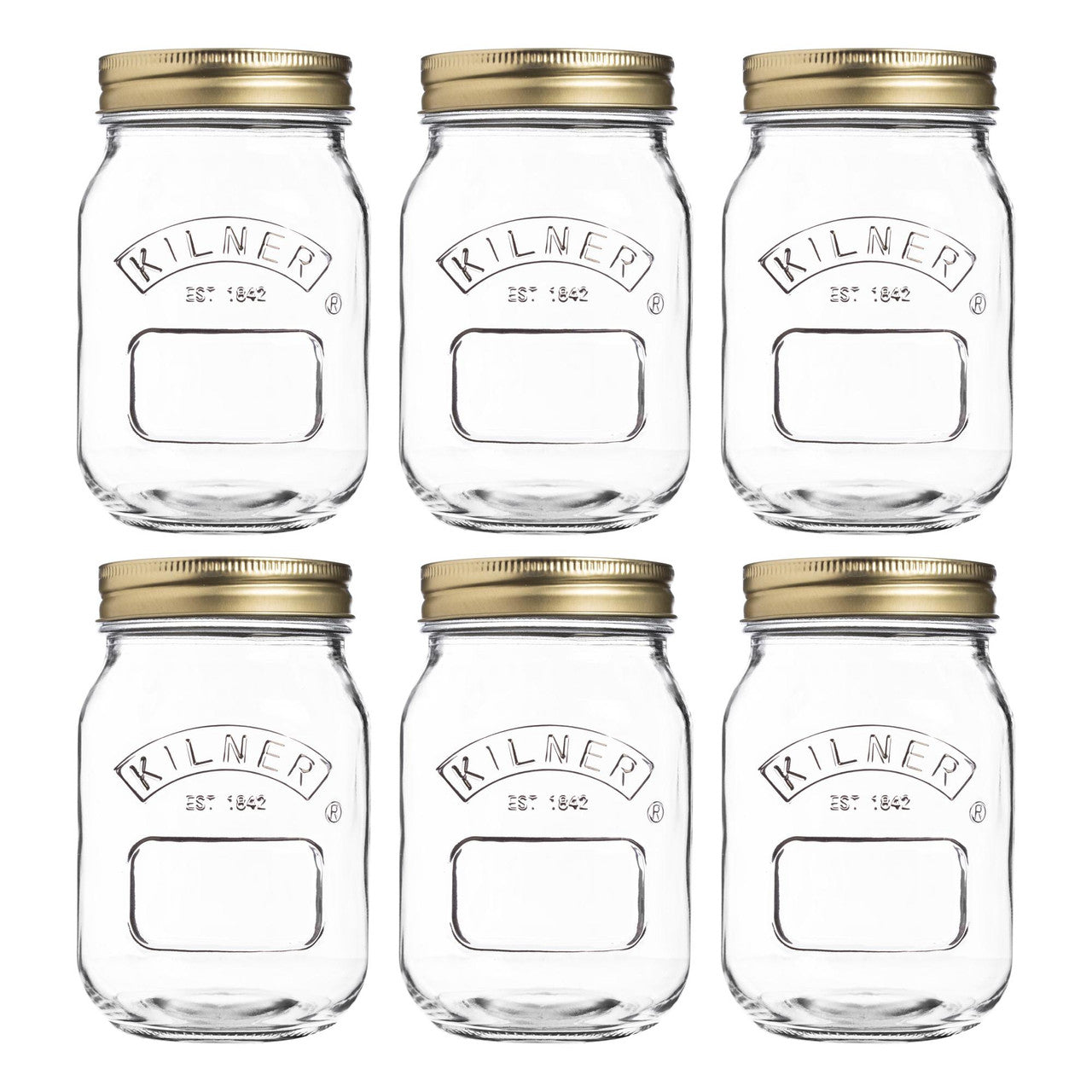 Set of six Kilner jars with gold lids on a white background