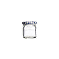 Clear glass jar with a blue and white checkered lid on a white background