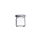 Clear glass jar with a blue and white checkered lid on a white background