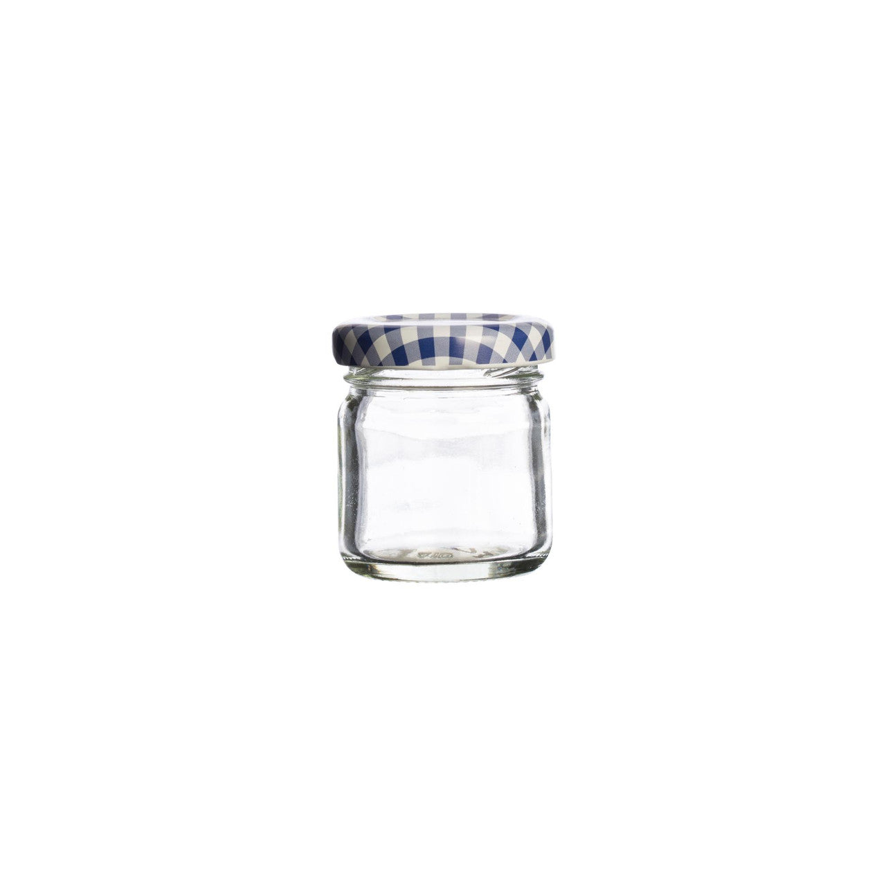 Clear glass jar with a blue and white checkered lid on a white background