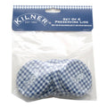 Set of 6 Kilner preserving lids in packaging with blue and white checkered design.