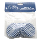 Set of 6 Kilner preserving lids in packaging with blue and white checkered design.
