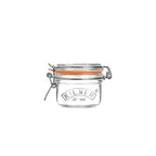 Clear glass Kilner jar with a metal clasp on a white background