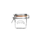 Clear glass jar with a metal clasp on a white background