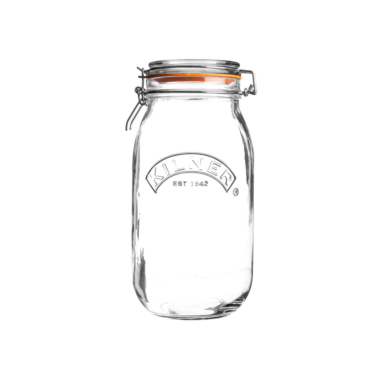 Clear glass jar with a metal clasp on a white background
