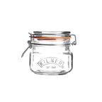 Clear glass jar with a metal clasp on a white background, featuring the Kilner logo.