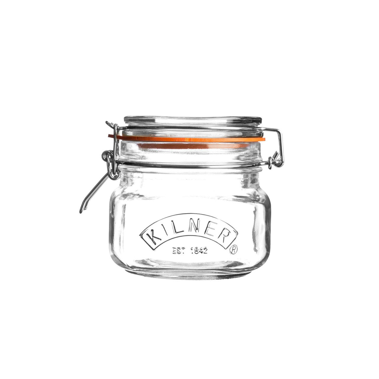 Clear glass jar with a metal clasp on a white background, featuring the Kilner logo.