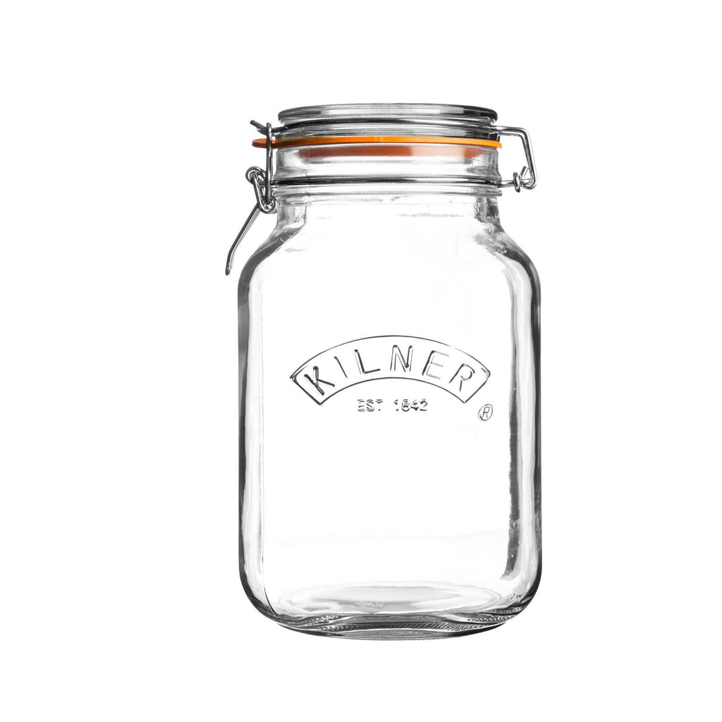 Clear glass Kilner jar with a metal clasp on a white background