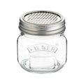 Clear glass jar with metal lid featuring Kilner branding on a white background