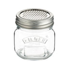 Clear glass jar with metal lid featuring Kilner branding on a white background