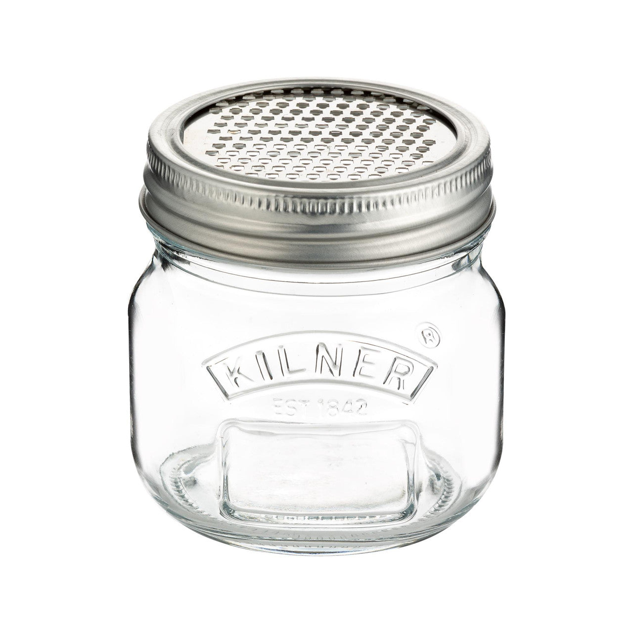Clear glass jar with metal lid featuring Kilner branding on a white background
