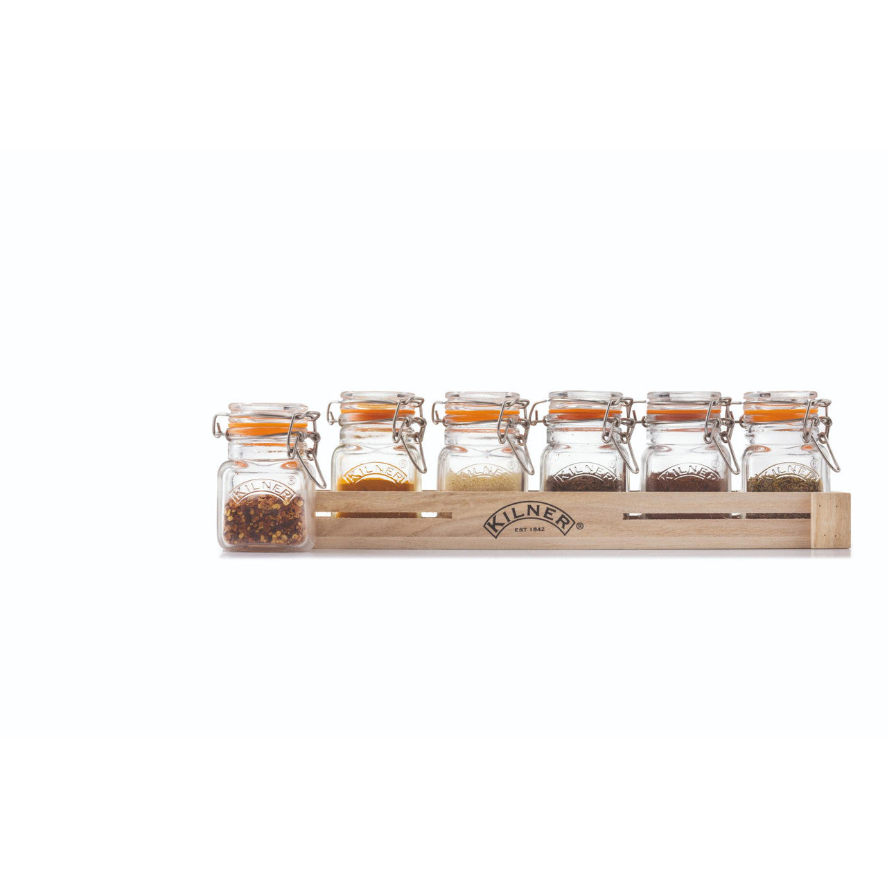 Set of glass jars with wooden crate on a white background