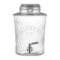 Clear glass drink dispenser with metal tap and lid on a white background, featuring the Kilner brand.