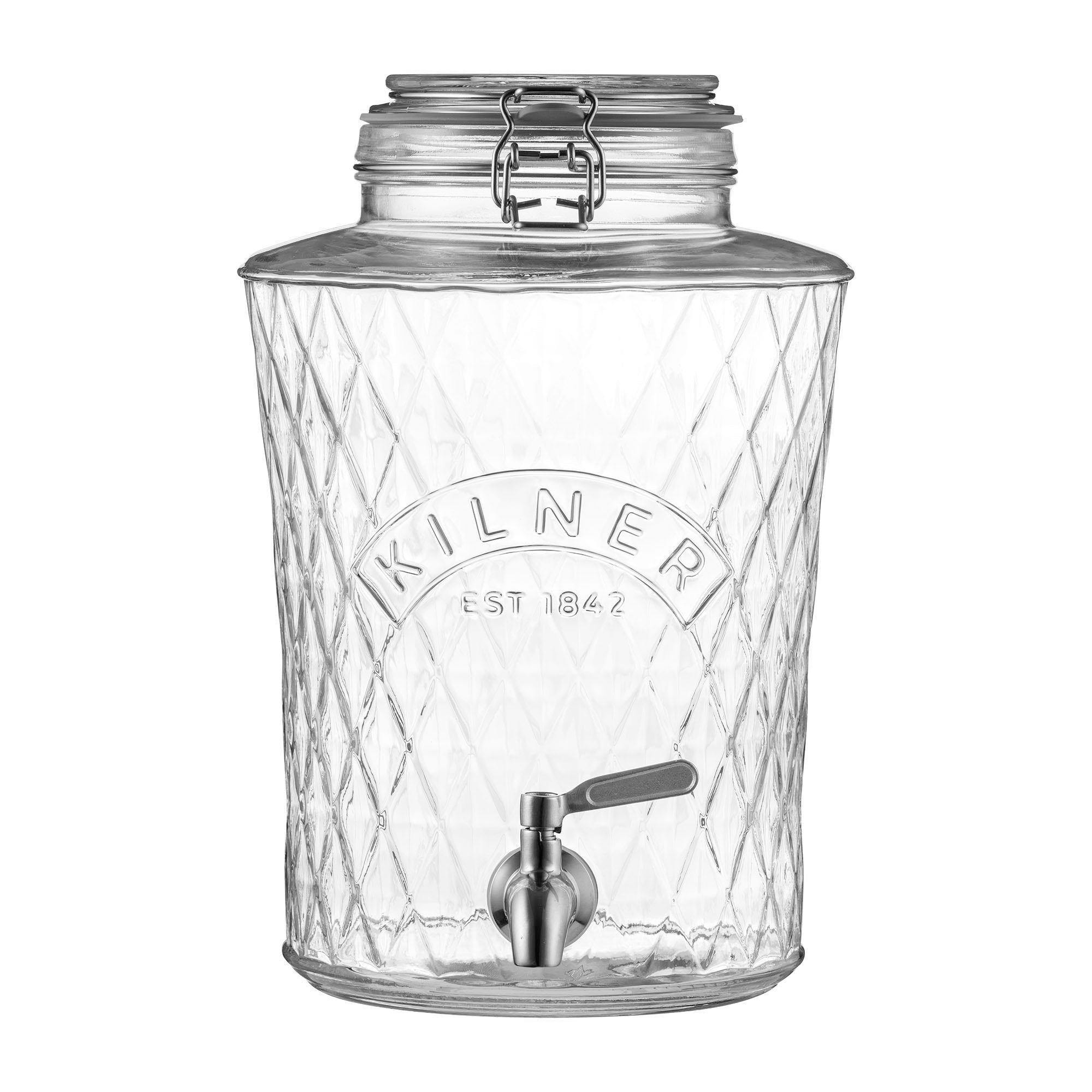 Clear glass drink dispenser with metal tap and lid on a white background, featuring the Kilner brand.