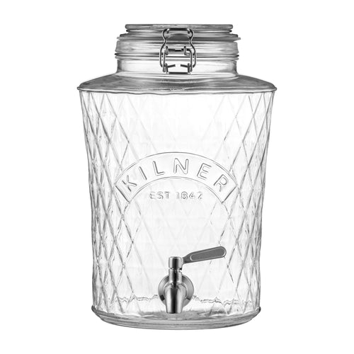 Clear glass drink dispenser with metal tap and lid on a white background, featuring the Kilner brand.