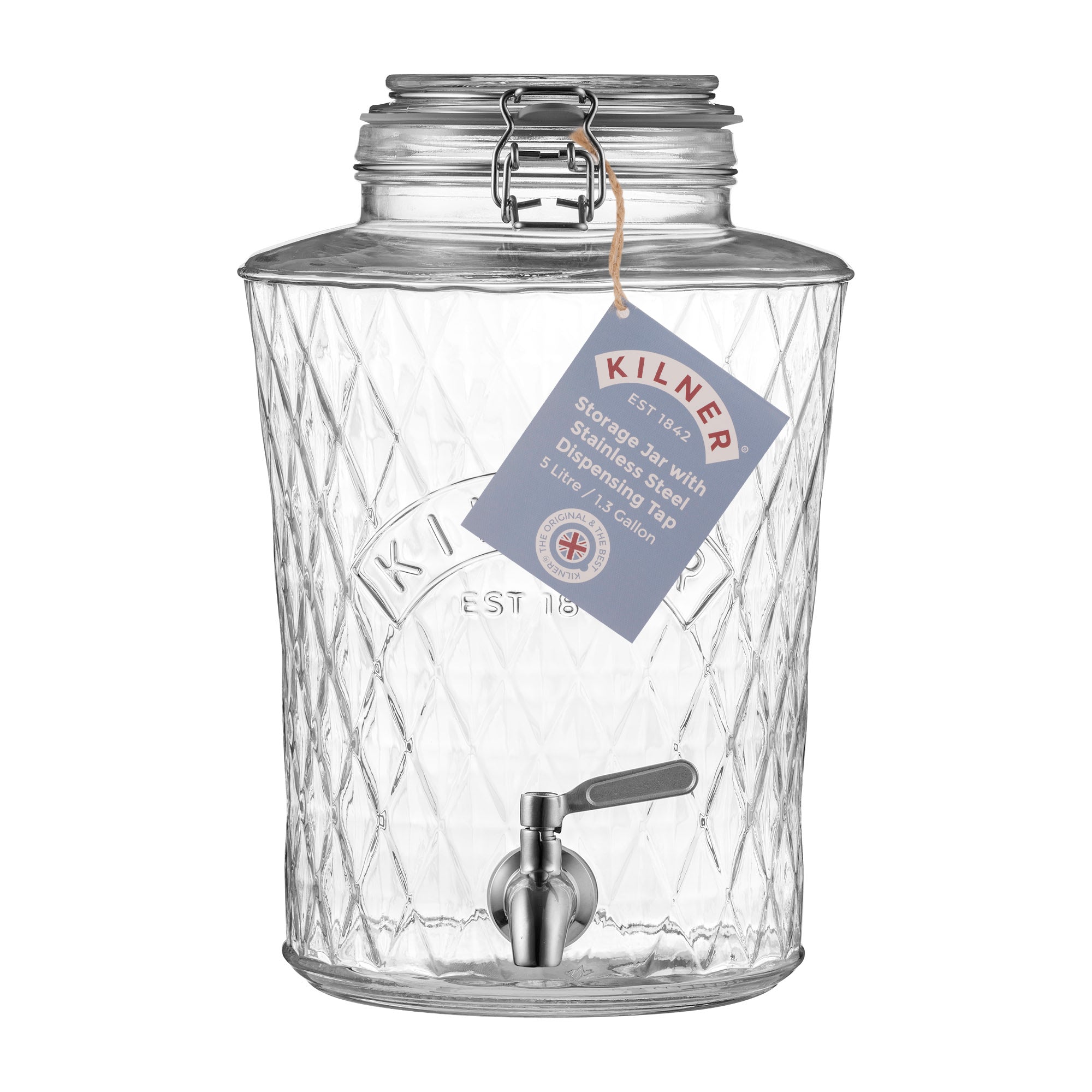 Clear glass storage jar with metal lid and spigot, featuring a Kilner label.