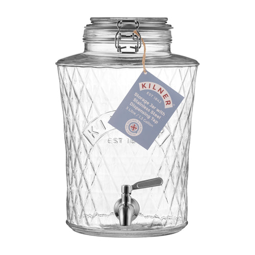 Clear glass storage jar with metal lid and spigot, featuring a Kilner label.