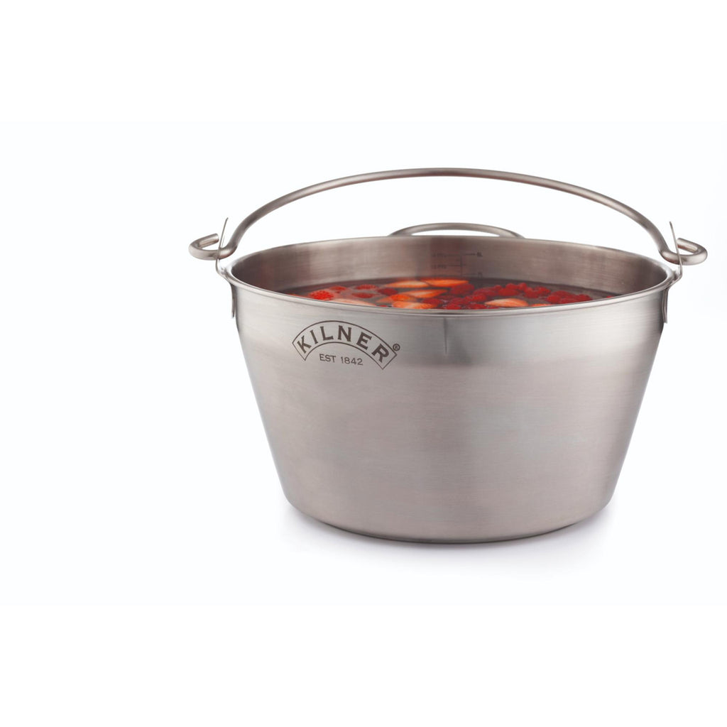 Stainless steel pot with a handle on a white background, featuring the Kilner brand.