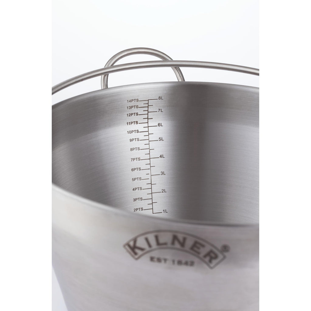 Stainless steel measuring jug with Kilner logo on a white background
