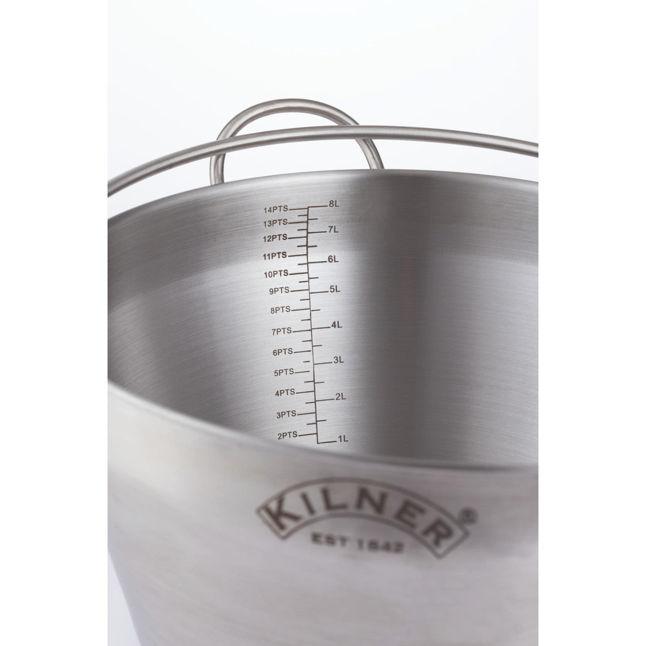 Stainless steel measuring jug with Kilner logo on a white background
