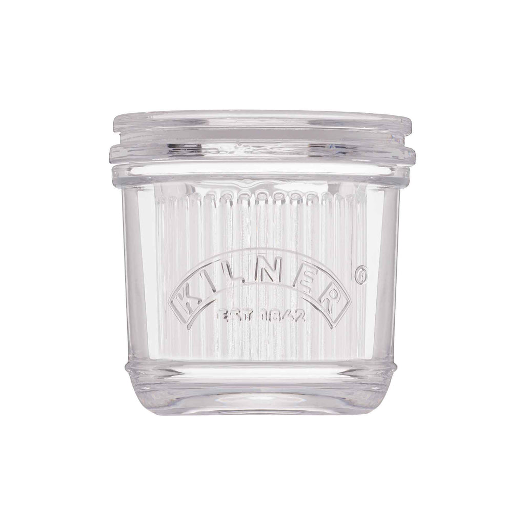 Clear glass jar with a lid on a white background, featuring the Kilner logo.