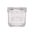 Clear glass jar with a lid on a white background, featuring the Kilner logo.