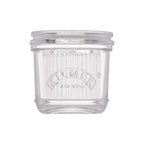 Clear glass jar with a lid on a white background, featuring the Kilner logo.
