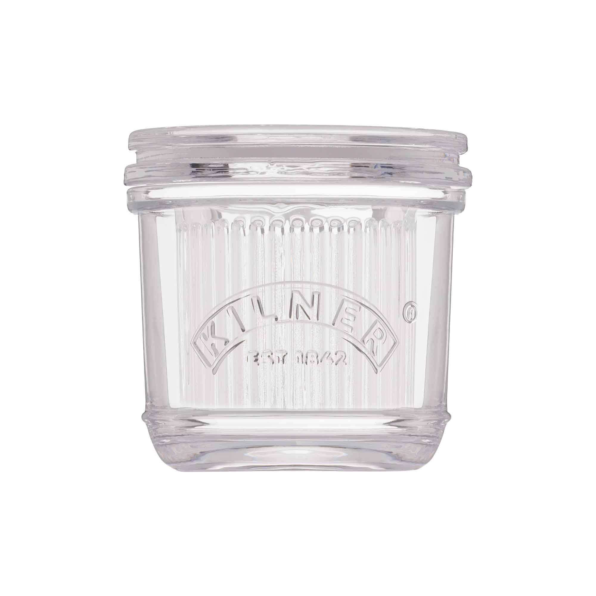 Clear glass jar with a lid on a white background, featuring the Kilner logo.