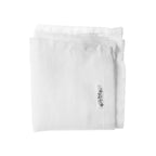 White towel with a brand logo on a white background