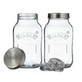 Two clear Kilner jars with metal lids on a white background