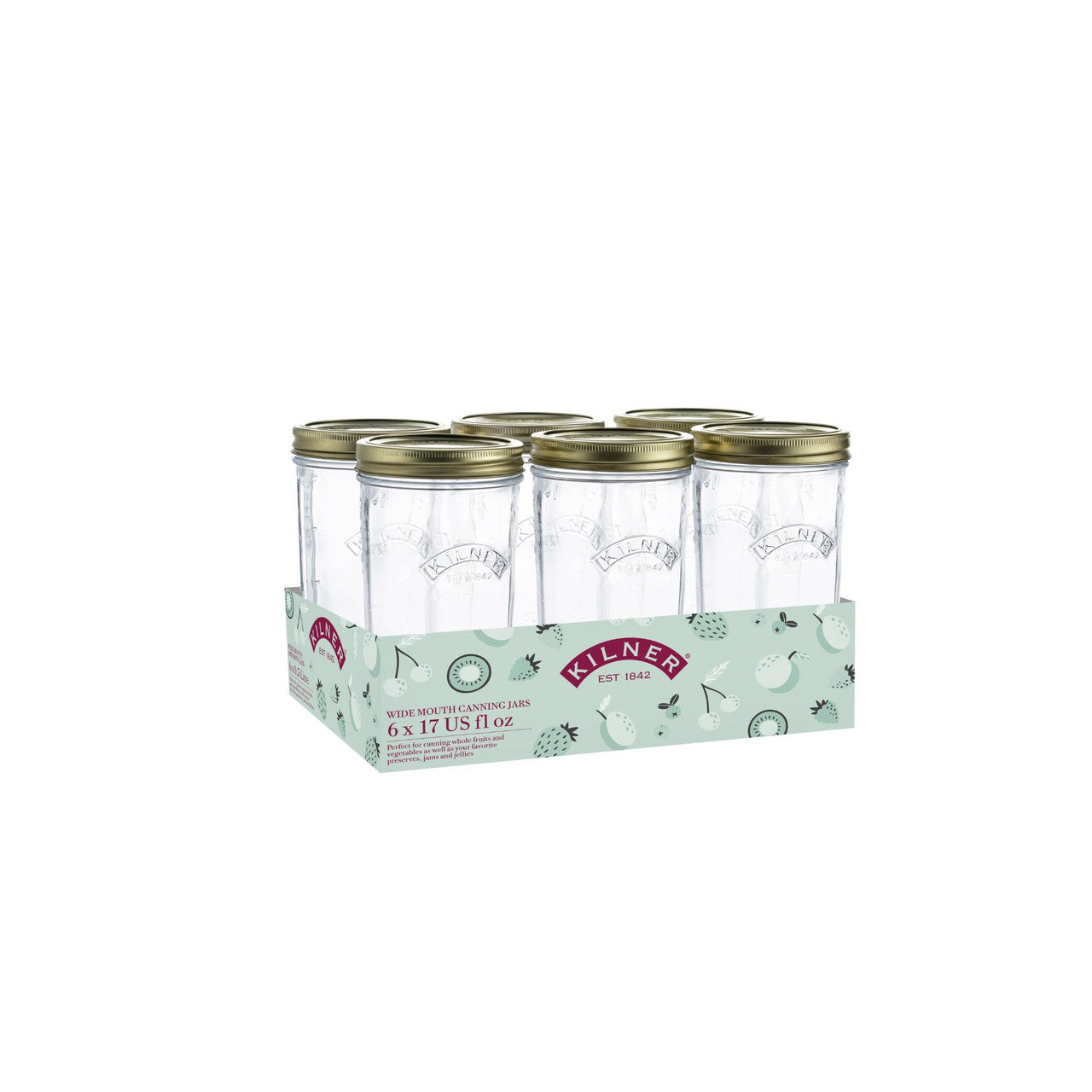 Set of six glass jars with gold lids in a Kilner branded box on a white background