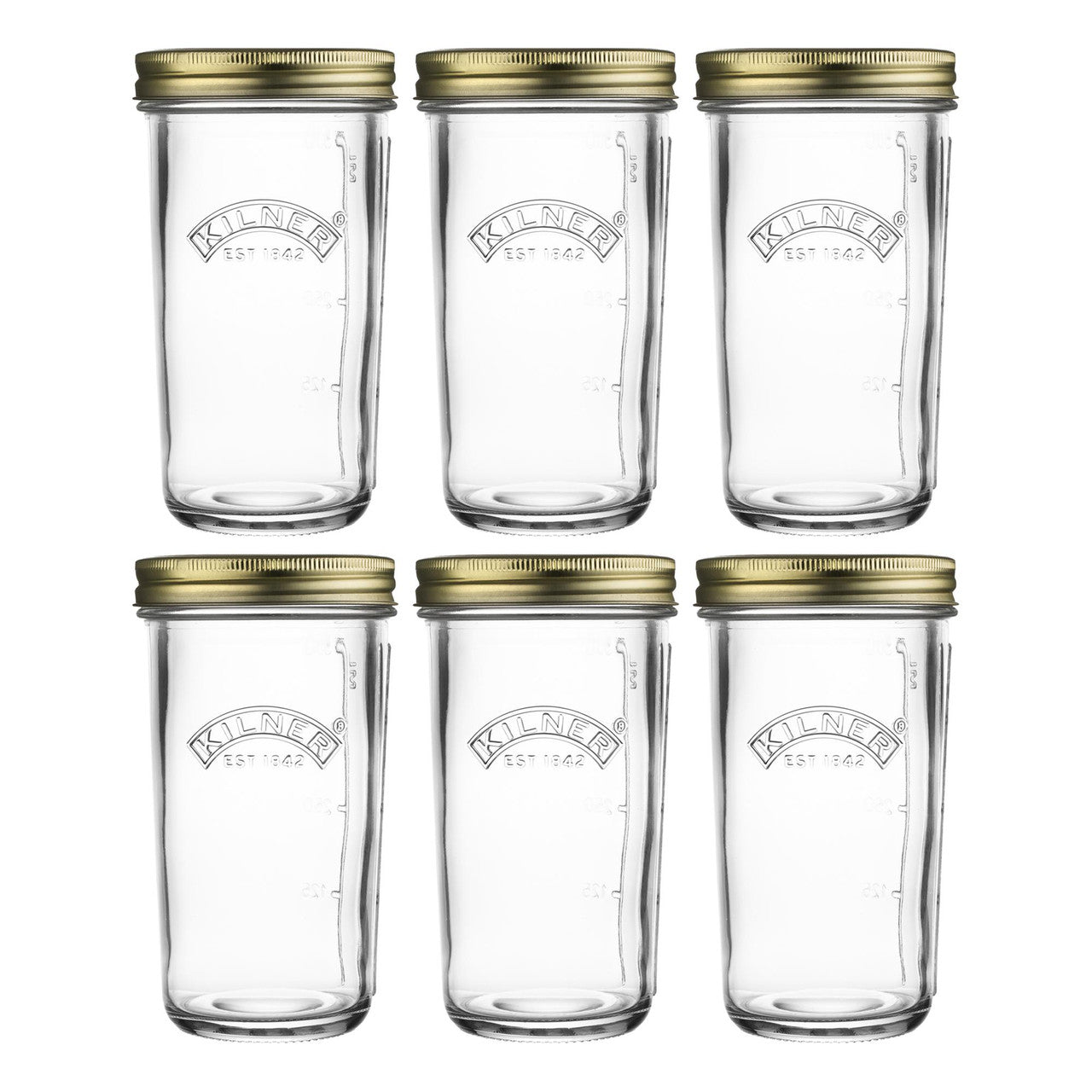 Set of six clear glass jars with gold lids on a white background