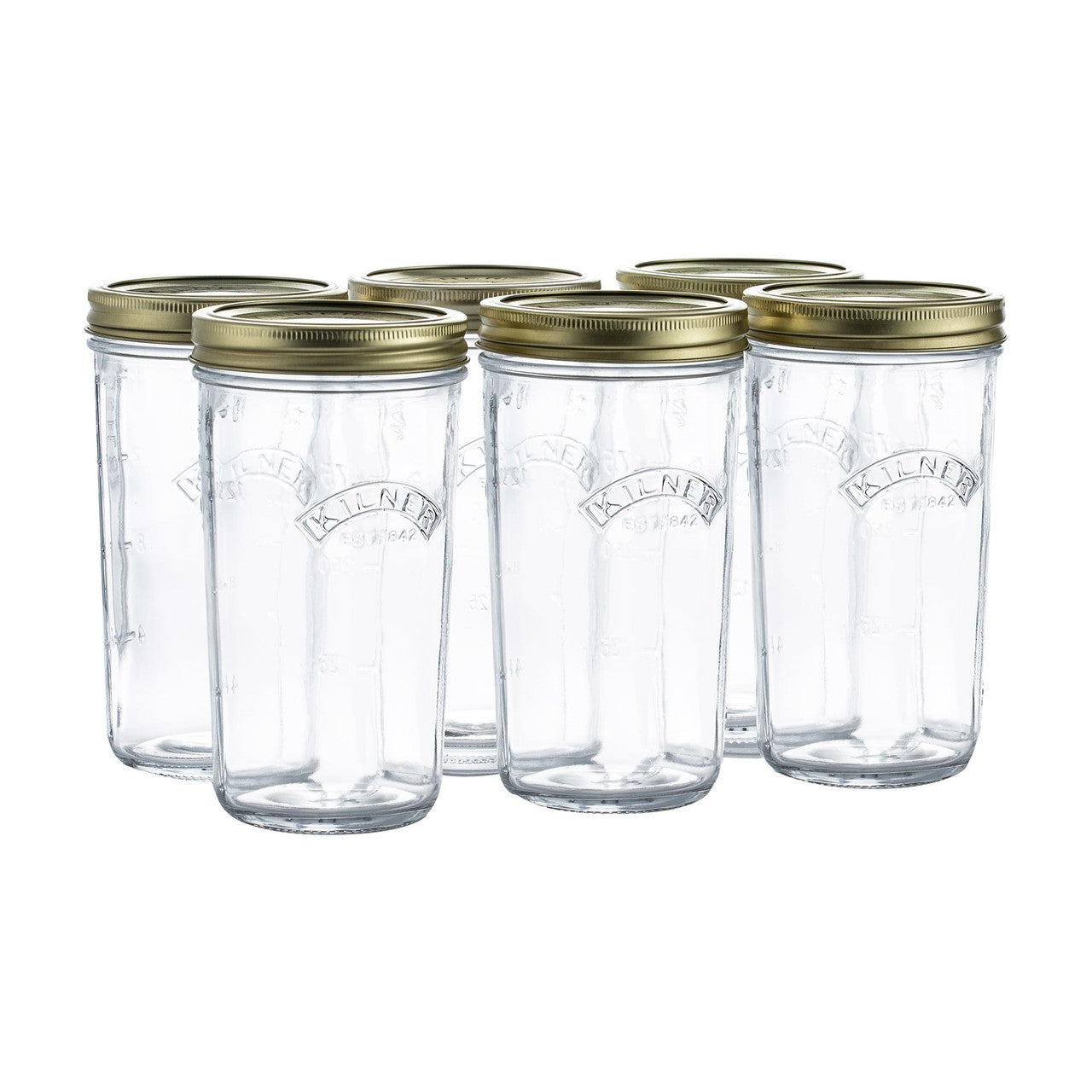 Set of six clear glass jars with gold lids on a white background