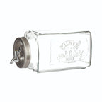 Clear glass beverage dispenser with metal spigot on a white background
