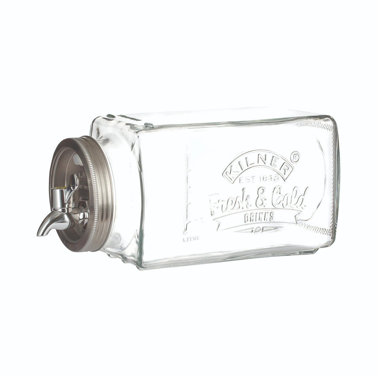 Clear glass beverage dispenser with metal spigot on a white background