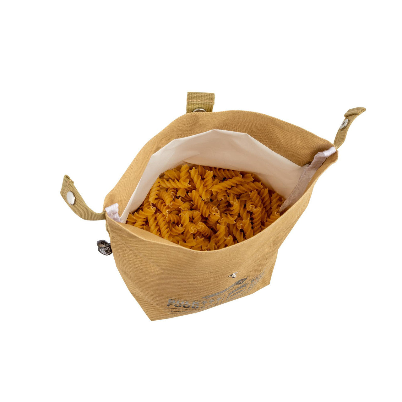Brown bag filled with yellow pasta on a white background