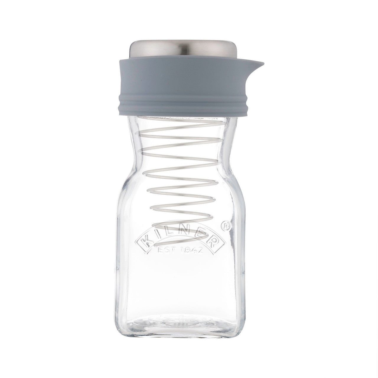Clear glass bottle with a gray silicone lid on a white background