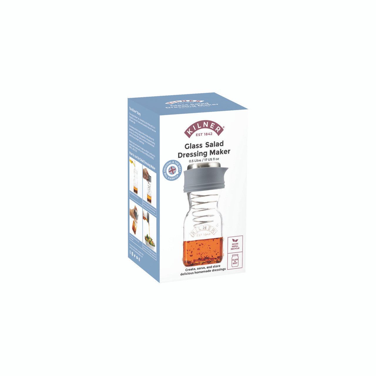 Kuhn Rikon glass salad dressing maker packaging on a white background
