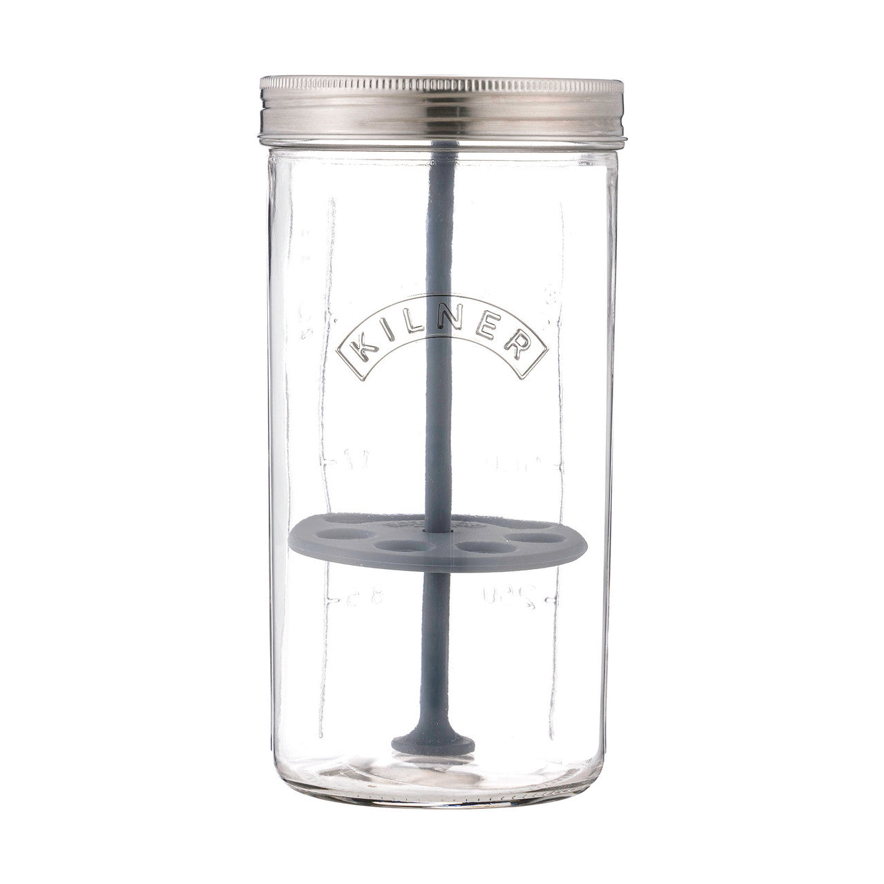 Clear glass jar with a metal lid and gray silicone components on a white background