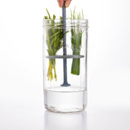 Clear glass tumbler with grass and a straw on a white background