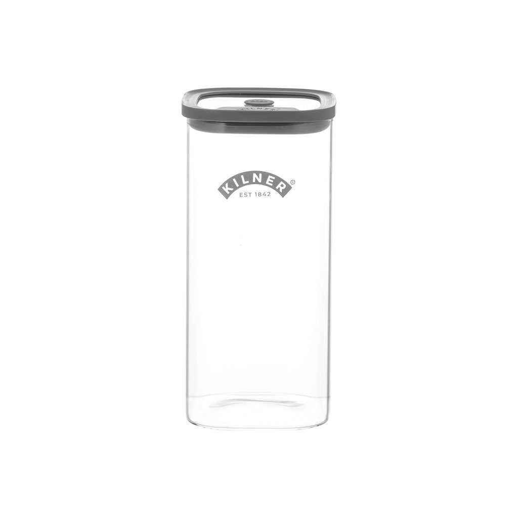 Tall, square glass jar on white background