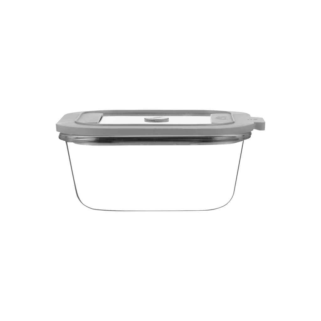 Clear rectangular food container with a gray lid on a white background