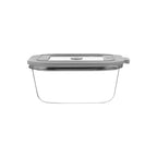 Clear rectangular food container with a gray lid on a white background