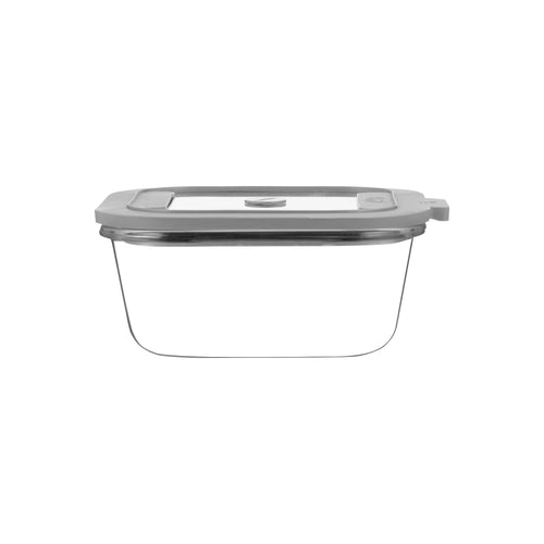 Clear rectangular food container with a gray lid on a white background