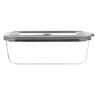 Clear rectangular glass storage container with lid